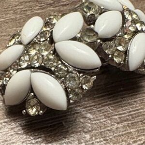 Trifari White Cabochon and Clear Crystal Leaf Clip Earrings